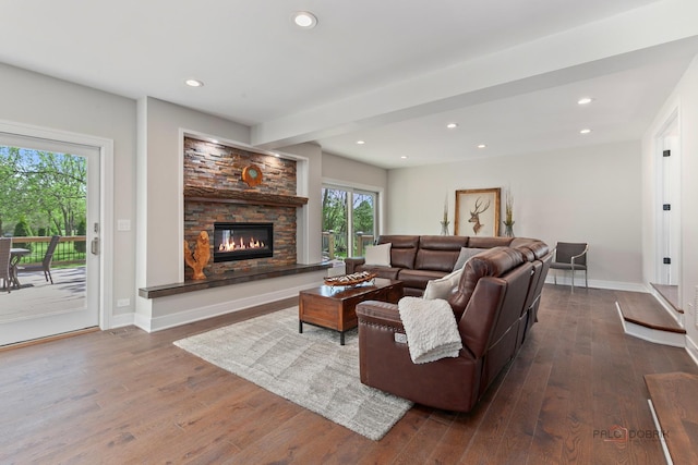 6517 Saddle Ridge Ct, Long Grove, IL 60047 - living room featuring a fireplace, dark wood-style floors, and recessed lighting