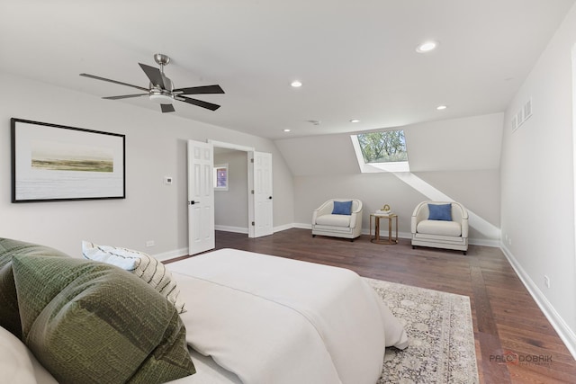 6517 Saddle Ridge Ct, Long Grove, IL 60047 - bedroom featuring a skylight, wood finished floors, a ceiling fan, recessed lighting, and vaulted ceiling