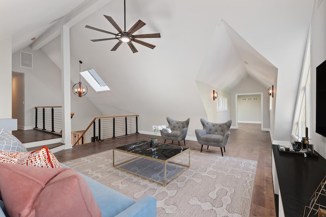 6517 Saddle Ridge Ct, Long Grove, IL 60047 - living area featuring a ceiling fan, wood finished floors, and a skylight