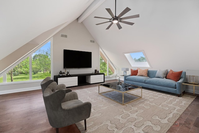 6517 Saddle Ridge Ct, Long Grove, IL 60047 - living room featuring a skylight, wood finished floors, beamed ceiling, ceiling fan, and high vaulted ceiling