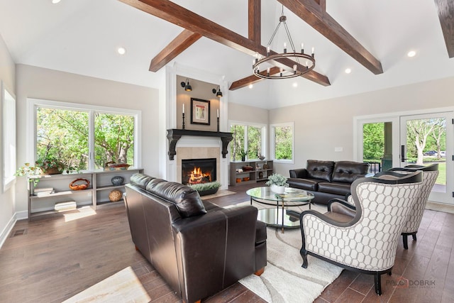 6517 Saddle Ridge Ct, Long Grove, IL 60047 - living area featuring beamed ceiling, a fireplace, wood finished floors, a chandelier, and recessed lighting