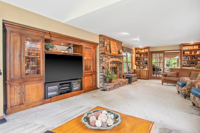 5N647 Forest Glen Ln, Saint Charles, IL 60175 - living area featuring carpet, a brick fireplace, and built in shelves