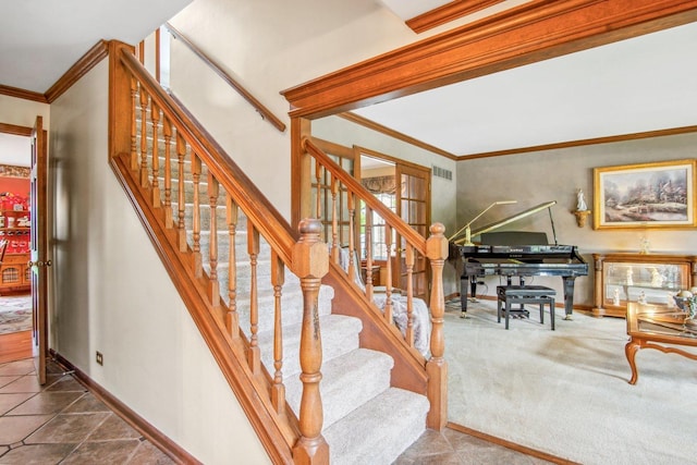 5N647 Forest Glen Ln, Saint Charles, IL 60175 - stairway with crown molding, baseboards, and carpet flooring