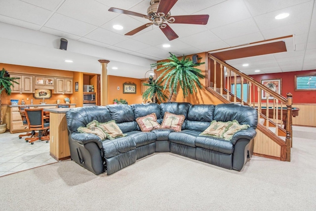 5N647 Forest Glen Ln, Saint Charles, IL 60175 - living room featuring a paneled ceiling, light carpet, a ceiling fan, bar area, and stairs
