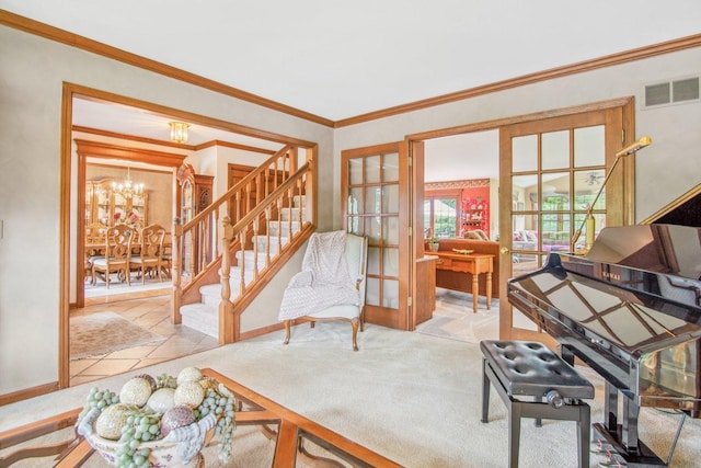 5N647 Forest Glen Ln, Saint Charles, IL 60175 - carpeted living area with french doors, a chandelier, baseboards, stairway, and ornamental molding