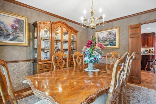 5N647 Forest Glen Ln, Saint Charles, IL 60175 - dining area with a chandelier, light wood finished floors, crown molding, and wallpapered walls