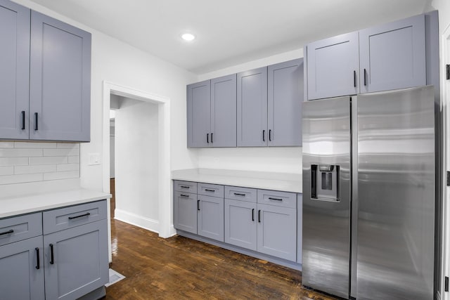 1724 W 105th St, Chicago, IL 60643 - kitchen featuring stainless steel fridge with ice dispenser, gray cabinets, decorative backsplash, light countertops, and recessed lighting