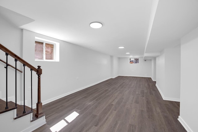 1724 W 105th St, Chicago, IL 60643 - below grade area featuring stairway, dark wood-style flooring, baseboards, and recessed lighting