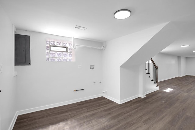 1724 W 105th St, Chicago, IL 60643 - below grade area featuring electric panel, wood finished floors, stairway, and baseboards