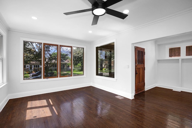 1724 W 105th St, Chicago, IL 60643 - unfurnished room with ornamental molding, baseboards, wood finished floors, ceiling fan, and recessed lighting