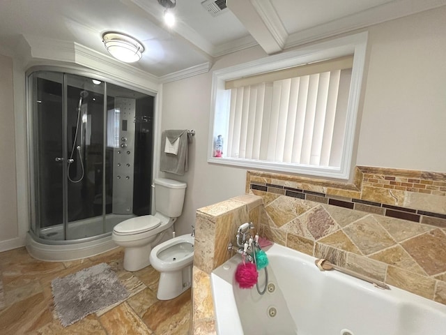 6632 W 95th St Unit 2C, Oak Lawn, IL 60453 - bathroom featuring a shower stall, a bidet, a whirlpool tub, toilet, and ornamental molding