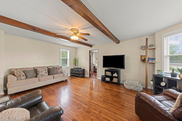 17811 Harwood Ave, Homewood, IL 60430 - living room featuring healthy amount of natural light, beam ceiling, ceiling fan, wood-type flooring, and baseboards
