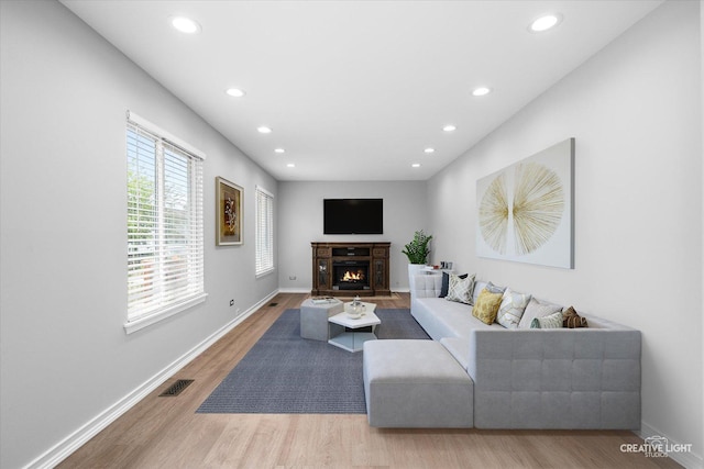 2724 Bluewater Cir, Naperville, IL 60564 - living room featuring recessed lighting, wood finished floors, a warm lit fireplace, and baseboards