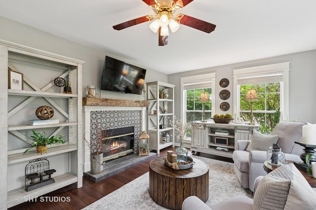 36932 N Fernview Ln, Lake Villa, IL 60046 - living room with wood finished floors, a fireplace, and ceiling fan