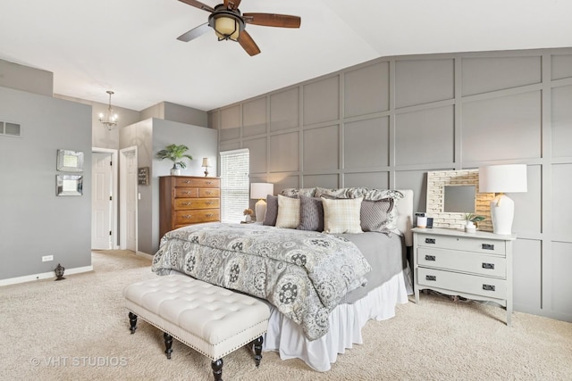 36932 N Fernview Ln, Lake Villa, IL 60046 - bedroom with light colored carpet, vaulted ceiling, baseboards, and a ceiling fan