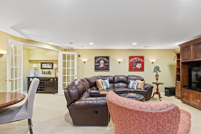 36932 N Fernview Ln, Lake Villa, IL 60046 - living area featuring light colored carpet, french doors, recessed lighting, and a bar