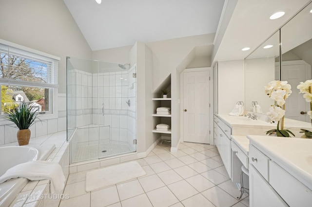 630 Juniper Rd, Glenview, IL 60025 - bathroom featuring vanity, a shower stall, a bath, recessed lighting, and tile patterned flooring