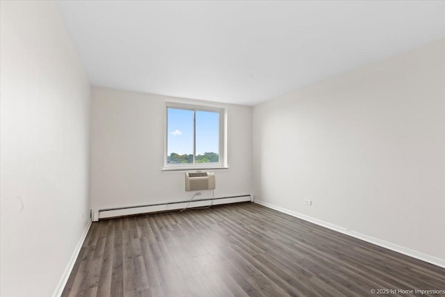 9745 S Karlov Ave Unit 608, Oak Lawn, IL 60453 - empty room with a baseboard heating unit, dark wood-style flooring, an AC wall unit, and baseboards