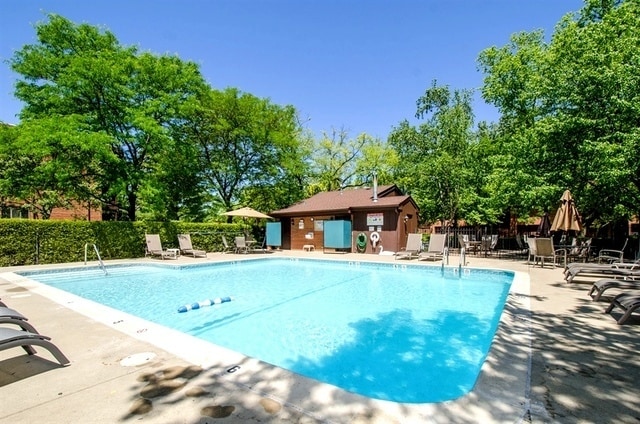 125 Boardwalk Pl Unit 101, Park Ridge, IL 60068 - community pool with a patio area and view of scattered trees