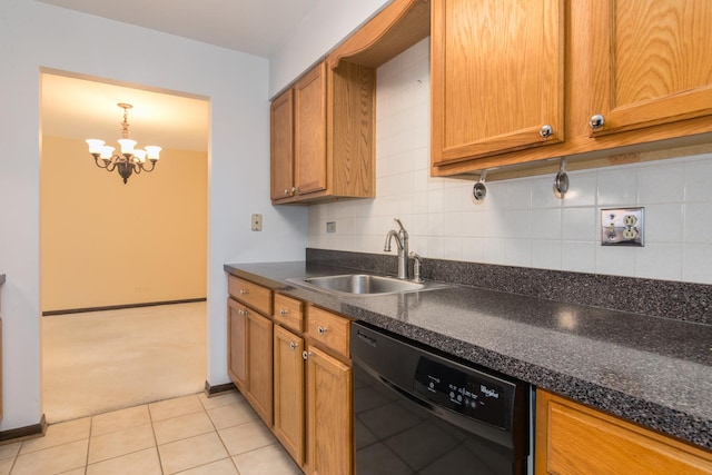 401 Ascot Dr Unit 1C, Park Ridge, IL 60068 - kitchen with dishwasher, dark countertops, brown cabinets, a chandelier, and tasteful backsplash