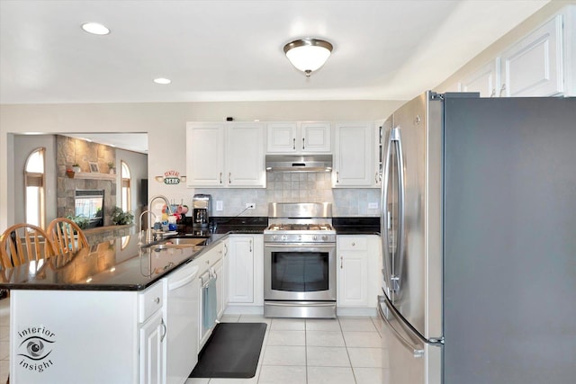 1360 Pheasant Chase Cir, Beecher, IL 60401 - kitchen with stainless steel appliances, a sink, a peninsula, under cabinet range hood, and white cabinetry