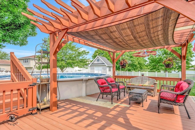 1360 Pheasant Chase Cir, Beecher, IL 60401 - wooden deck with a fenced backyard, a pergola, an outdoor living space, and an outdoor structure
