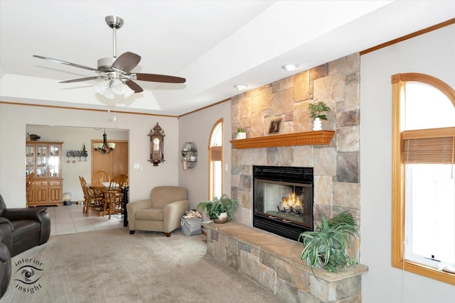 1360 Pheasant Chase Cir, Beecher, IL 60401 - living room featuring a fireplace, plenty of natural light, a ceiling fan, and carpet floors