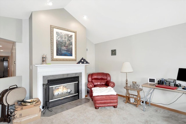 1360 Pheasant Chase Cir, Beecher, IL 60401 - sitting room with lofted ceiling, a fireplace, recessed lighting, a desk, and carpet