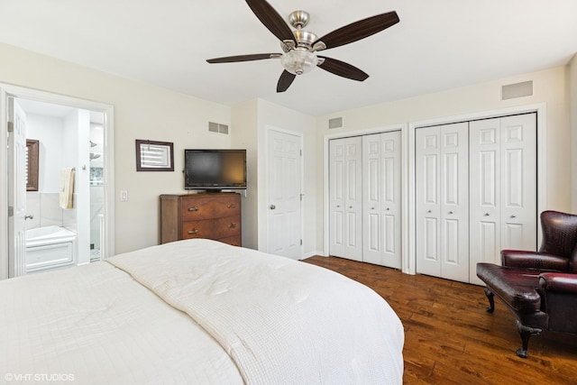 5844 N Hermitage Ave Unit A, Chicago, IL 60660 - bedroom with multiple closets, dark wood-type flooring, ensuite bath, and a ceiling fan