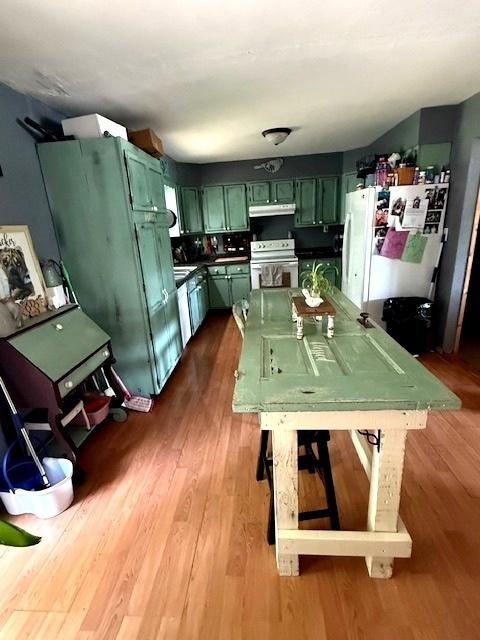 29478 E County Road 2390th Rd, Manito, IL 61546 - kitchen with white appliances, green cabinets, under cabinet range hood, and dark wood-type flooring