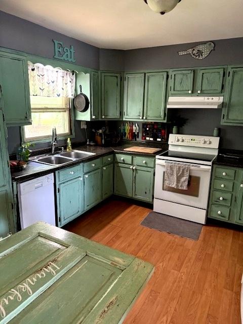 29478 E County Road 2390th Rd, Manito, IL 61546 - kitchen featuring white appliances, green cabinets, under cabinet range hood, and dark countertops