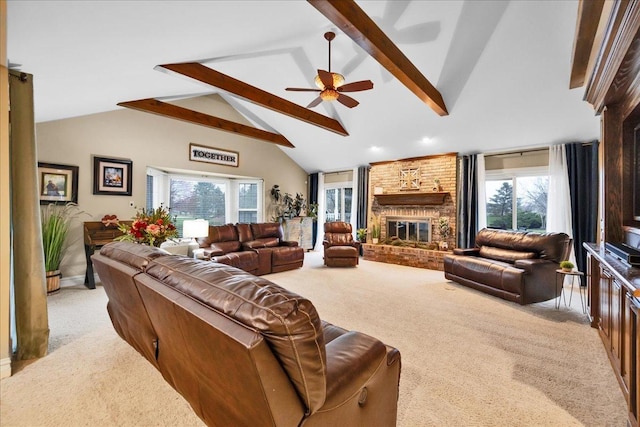 3838 Plainfield Rd, Oswego, IL 60543 - living room with carpet floors, a ceiling fan, a brick fireplace, beam ceiling, and high vaulted ceiling