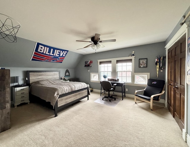 3838 Plainfield Rd, Oswego, IL 60543 - bedroom featuring carpet flooring, an office area, baseboards, ceiling fan, and lofted ceiling