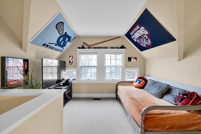 3838 Plainfield Rd, Oswego, IL 60543 - carpeted bedroom featuring lofted ceiling and baseboards
