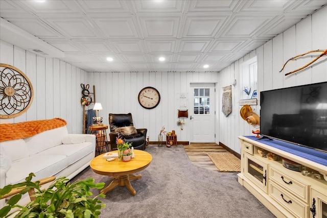 3838 Plainfield Rd, Oswego, IL 60543 - living area with recessed lighting, an ornate ceiling, carpet, wooden walls, and baseboards