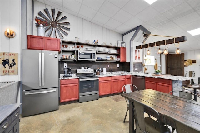 3838 Plainfield Rd, Oswego, IL 60543 - kitchen with stainless steel appliances, open shelves, a peninsula, concrete flooring, and a drop ceiling
