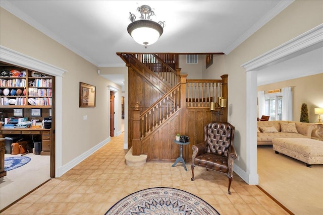 3838 Plainfield Rd, Oswego, IL 60543 - staircase featuring ornamental molding, baseboards, and carpet flooring
