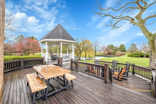 3838 Plainfield Rd, Oswego, IL 60543 - deck with outdoor dining space, a gazebo, a water view, and a yard