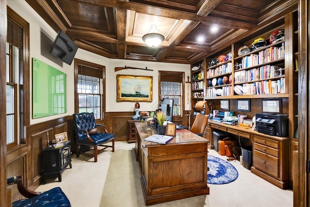 3838 Plainfield Rd, Oswego, IL 60543 - home office with light colored carpet, a wainscoted wall, beam ceiling, ornamental molding, and coffered ceiling