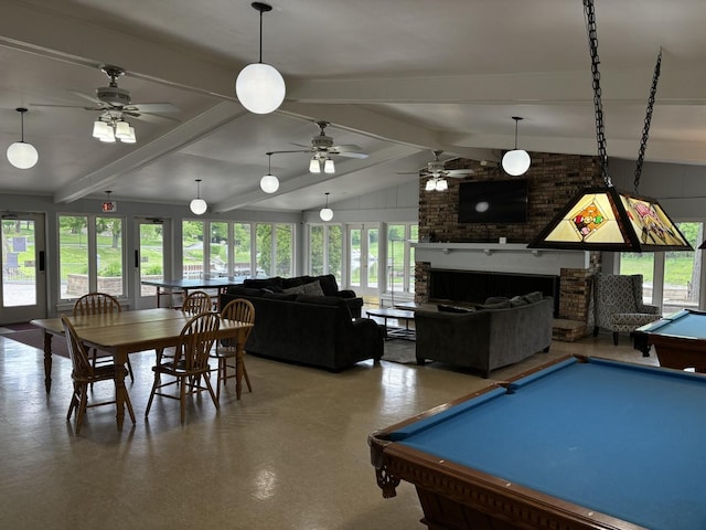 59 Vail Colony St Unit 3, Fox Lake, IL 60020 - rec room featuring healthy amount of natural light, billiards table, a ceiling fan, and a brick fireplace