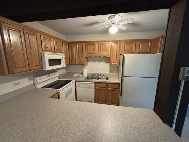 59 Vail Colony St Unit 3, Fox Lake, IL 60020 - kitchen with white appliances, a sink, light countertops, a ceiling fan, and brown cabinetry