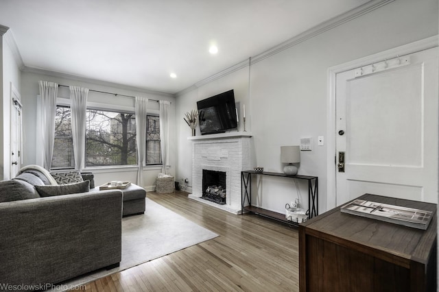 4005 N Southport Ave Unit 2, Chicago, IL 60613 - living room with ornamental molding, a fireplace with raised hearth, wood finished floors, recessed lighting, and baseboards