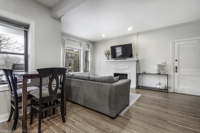 4005 N Southport Ave Unit 2, Chicago, IL 60613 - living area featuring a brick fireplace, ornamental molding, wood finished floors, and recessed lighting