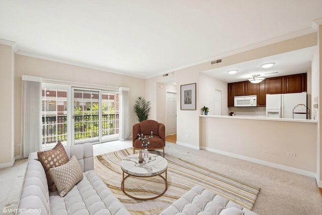 44 N Vail Ave Unit 313, Arlington Heights, IL 60005 - living room featuring crown molding, light carpet, and baseboards
