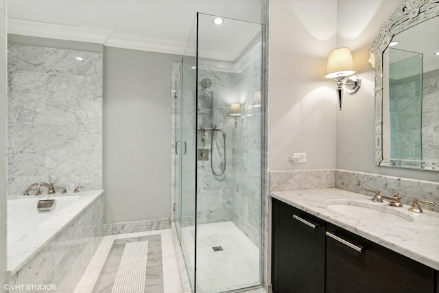 2550 N Lakeview Ave Unit N903, Chicago, IL 60614 - bathroom featuring vanity, a marble finish shower, a bath, crown molding, and recessed lighting