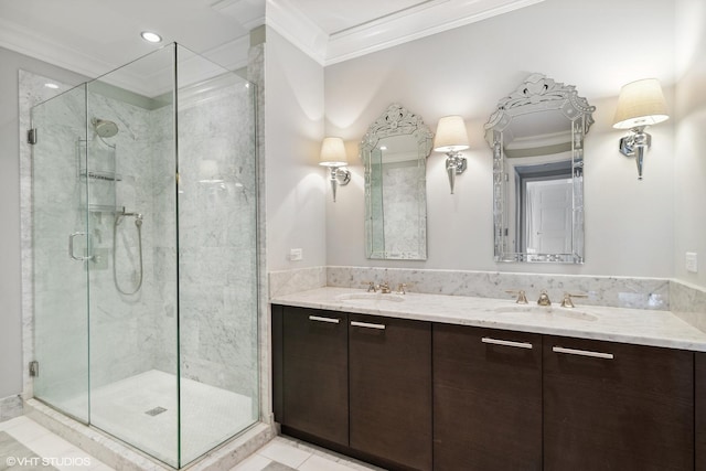 2550 N Lakeview Ave Unit N903, Chicago, IL 60614 - full bathroom featuring crown molding, a stall shower, and double vanity