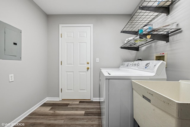 19463 Manchester Dr Unit 2, Mokena, IL 60448 - laundry room featuring electric panel, dark wood-style floors, separate washer and dryer, and baseboards