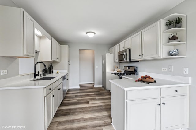 19463 Manchester Dr Unit 2, Mokena, IL 60448 - kitchen with a sink, appliances with stainless steel finishes, wood finished floors, open shelves, and light countertops