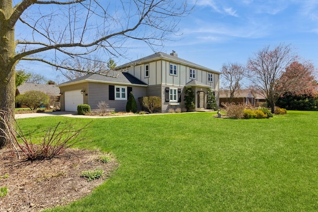 230 S Constitution Dr, Aurora, IL 60506 - tudor-style house featuring board and batten siding, driveway, a front yard, and an attached garage