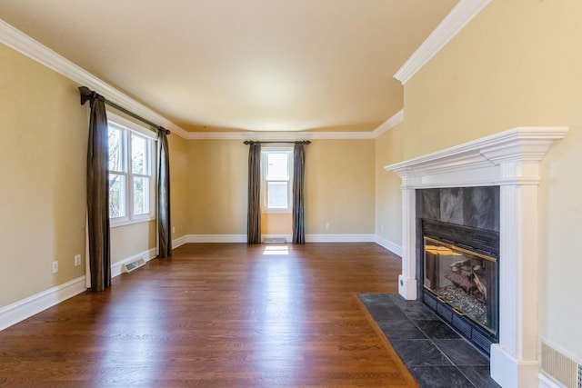 230 S Constitution Dr, Aurora, IL 60506 - unfurnished living room featuring a tiled fireplace, ornamental molding, dark wood-type flooring, and baseboards